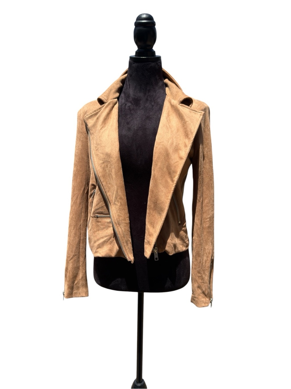 VICI Camel Faux Suede Moto Biker Jacket Medium Asymmetrical Zip Sleek - Picture 4 of 10